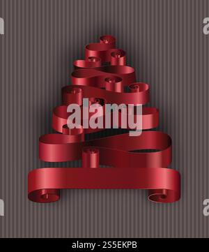 Christmas tree made of ribbons decoration stripes vector. Shape of pine with red tape branches, imitation of celebration spruce. Winter holidays decor, symbolic representation of triangle plant. Christmas tree made of tape ribbons decoration stripes Stock Vector