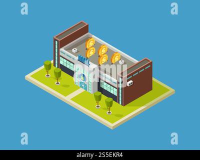 Shopping mall isometric vector design. The shopping center takes in money concept illustration. Shopping mall isometric vector design. Shopping center Stock Vector