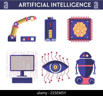 Artificial intelligence robot human mind, future computer digital brain science and innovation technology machines. Symbols of dna, microchip processor in eye, cyborg hand and head. vector illustration. Artificial intelligence vector illustration of robot human mind Stock Vector