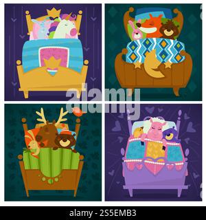Animals sleeping in bed fairytale pets asleep set vector. Bunny holding carrot in paw, reindeer with horns, fox and bear, unicorn and rabbit hare. Calm mammals, lying under warm blanket together. Animals sleeping in bed fairytale pets asleep set Stock Vector