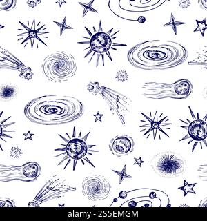 Space elements, planets, stars, asteroids seamless pattern. Space planet and asteroid, comet in galaxy. Vector illustration. Space elements, planets, stars, asteroids seamless pattern Stock Vector