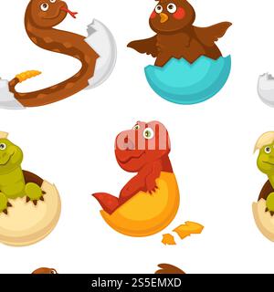 Animals born from eggs, eggshells and reptiles seamless pattern vector. Fluffy chicken, penguin and dragon, snake and alligator sitting in shell. Small newborn creatures , serpent and hen hatching. Animals born from eggs, eggshells and reptiles seamless pattern vector. Stock Vector