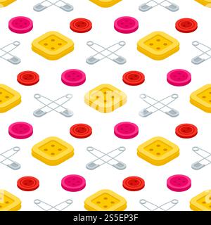 Sewing equpments, safety pins and buttons isometric seamless pattern background. Sewing equpments, safety pins and buttons seamless pattern Stock Vector