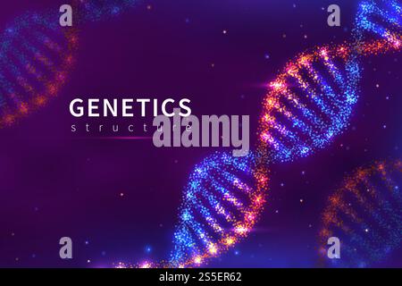Dna background. Genetics structure, biology technology. 3d human genome dna model vector poster. Illustration of structure molecular helix, genetic dna. Dna background. Genetics structure, biology technology. 3d human genome dna model vector poster Stock Vector