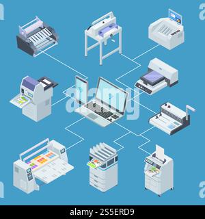 Modern printing house equipment. Printer plotter, offset cutting machines isometric vector concept. Illustration of control processing from laptop, scanning and plotter. Modern printing house equipment. Printer plotter, offset cutting machines isometric vector concept Stock Vector