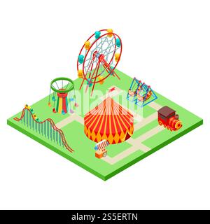 Isometric amusement park vector illustration isolated on white. Amusement isometric carousel and tent. Isometric amusement park vector illustration isolated on white Stock Vector