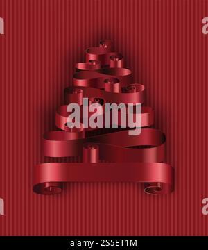 Christmas tree made of ribbons decoration stripes vector. Shape of pine with red tape branches, imitation of celebration spruce. Winter holidays decor, symbolic representation of triangle plant. Christmas tree made of ribbons decoration stripes vector. Stock Vector