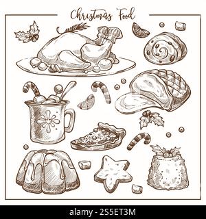 Christmas traditional dinner menu vector sketch illustration set of dishes. Winter restaurant and cafe design elements template. Xmas desserts and drinks, cookies jelly, gingerbread and fried turkey chiken.. Christmas traditional dinner menu vector sketch illustration set of dishes. Stock Vector