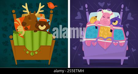Animals sleeping in bed fairytale pets asleep set vector. Reindeer with horns. Calm mammals, lying under warm blanket together. Cute cartoon illustration.. Animals sleeping in bed fairytale pets asleep set vector. Stock Vector