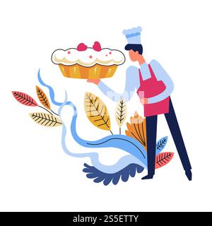 Food cooked by chef wearing traditional hat, floral decor vector. Restaurant service, cake baked by professional worker in uniform. Lunchtime, dessert with whipped cream and raspberry berries on top. Food cooked by chef wearing hat, floral decor Stock Vector