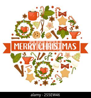 Merry Christmas winter holiday concept symbolic images. Wreath and gingerbread cookies in form of pine and star. Cinnamon and chocolate, cup with hot beverage, coffee and candies mistletoe. Merry Christmas winter holiday concept symbolic images. Stock Vector
