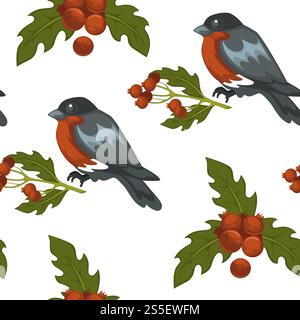 Merry Christmas bullfinch bird and mistletoe symbol seamless pattern isolated on white background vector. Traditional xmas leaves of plant and berries, animal with feathers. Birdie in winter. Merry Christmas bullfinch bird and mistletoe symbol seamless pattern isolated on white background vector. Stock Vector