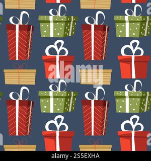 Presents and gifts decorated with wrapping paper and bows vector. Ribbons on boxes, winter holiday greeting tradition, seamless pattern of giftboxes wrapped in prints. Surprise on special occasion. Presents and gifts decorated with wrapping paper and bows Stock Vector