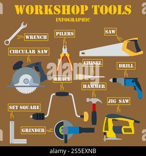 Workshop Tools Infographics. Full Color Design. Vector Illustration. Stock Vector