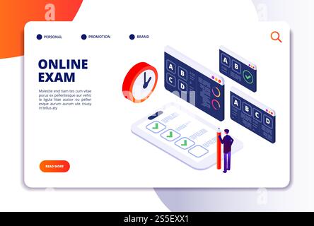 Online exam isometric concept. Internet questionnaire, quiz application for student testing. Survey examination landing vector page. Illustration of online quiz and examination application testing. Online exam isometric concept. Internet questionnaire, quiz application for student testing. Survey examination landing vector page Stock Vector