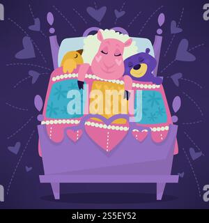Animals sleeping in bed fairytale pets asleep set vector. Calm mammals, lying under warm blanket together. Cute cartoon illustration.. Animals sleeping in bed fairytale pets asleep set vector. Stock Vector