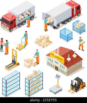 Delivery isometric. Logistic, distribution warehouse, truck with people workers carrying boxes package. 3d cargo industry vector set. Illustration of truck logistic transport, industrial delivery. Delivery isometric. Logistic, distribution warehouse, truck with people workers carrying boxes package. 3d cargo industry vector set Stock Vector