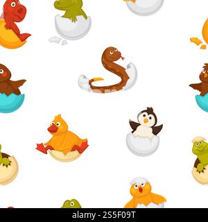 Animals born from eggs, eggshells and reptiles seamless pattern vector. Fluffy chicken, penguin and dragon, snake and alligator sitting in shell. Small newborn creatures , serpent and hen hatching. Animals born from eggs, eggshells and reptiles seamless pattern vector. Stock Vector