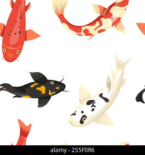 Fish exotic cold blooded animals seamless pattern vector. Different types of unique and rare creatures dwelling in water. Sea and ocean dwellers with fins, swimming fauna and wildlife undersea. Fish exotic cold blooded animals seamless pattern vector. Stock Vector