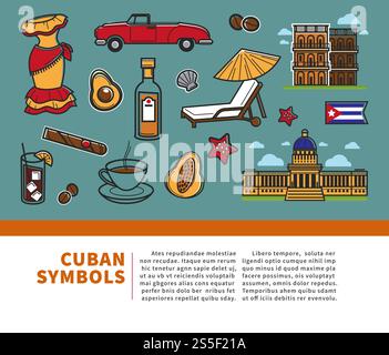Cuba travel poster with information on Cuban culture famous symbols and ...