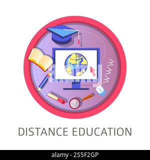 Distance education, obtaining knowledge with help of laptop vector. Online resources for students, computer monitor, graduation hat and magnifying glass tool. Books and school supplies studies. Distance education, obtaining knowledge with help of laptop Stock Vector