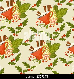 Merry Christmas symbolic food and plant seamless pattern vector mistletoe leaves and gingerbread cookies with chocolate crumbles candy lollipop stick with striped print cinnamon aroma species.. Merry Christmas symbolic food and plant seamless pattern vector Stock Vector