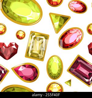 Gems and diamonds, precious stones seamless pattern vector. Crystal wealthy products in gold frames, jewellery items, fashionable and expensive objects. Sparkling karats and facets of gemstones. Gems and diamonds, precious stones seamless pattern vector. Stock Vector
