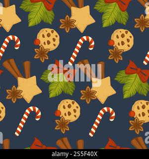 Merry Christmas symbolic food and plant seamless pattern vector mistletoe leaves and gingerbread cookies with chocolate crumbles candy lollipop stick with striped print cinnamon aroma species.. Merry Christmas symbolic food and plant seamless pattern Stock Vector