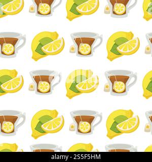 Lemon and lemonade, oil in glass bottle seamless pattern isolated on white background vector. Food, refreshing fruit, citrus with sour taste. Ice cream with flavor, drink with slices and straw. Lemon and lemonade, oil in glass bottle seamless pattern isolated on white background vector. Stock Vector