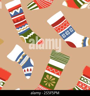 Knitted warm socks with different ornaments and elements vector. Seamless pattern of clothing in winter, xmas Christmas holidays symbols. Clothes for presents stuffing, ornamental floral adornment. Knitted warm socks with different ornaments and elements Stock Vector