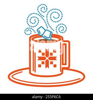 Christmas holiday winter event happy celebration with cup of hot coffee warm chocolate tea beverage mug with ornament print xmas drink with steam and sugar cubes isolated icon vector line art. Christmas holiday winter event celebration with cup of hot coffee Stock Vector