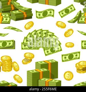 Dollars and cents money banknotes and golden cents coins icons seamless pattern. Vector paper and coin money piles and heaps for banking finance business or casino poker jackpot cash win game. Dollars and cents money banknotes and golden cents coins icons seamless pattern. Stock Vector