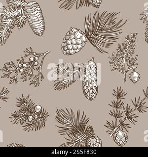 Pine branches of trees and cones seamless pattern isolated on white background vector. Evergreen natural plants and shrubs, twigs with needles, Christmas symbolic vegetation, spruce and fir. Pine branches of trees and cones seamless pattern isolated on white background vector. Stock Vector