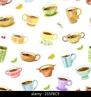 Coffee or tea poured in cup seamless pattern vector. Mug with drink, cherry berry with leaves. Cafeteria with americano and latte. Coffee or tea poured in cup seamless pattern vector. Stock Vector