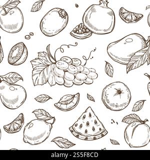 Fruits sketch pattern background. Vector seamless design of apple, tropical mango and exotic papaya or grape and kiwi with lemon or garnet and orange. Fruits sketch pattern background. Vector seamless design Stock Vector