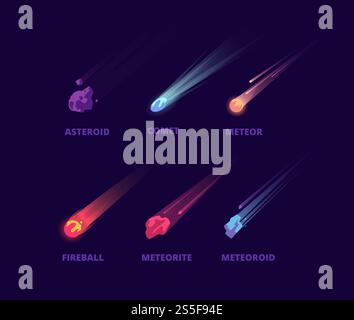 Comet asteroid and meteorite. Cartoon space objects. Atmospheric fireballs vector set. Illustration of asteroid and comet, meteor and meteorite. Comet asteroid and meteorite. Cartoon space objects. Atmospheric fireballs vector set Stock Vector