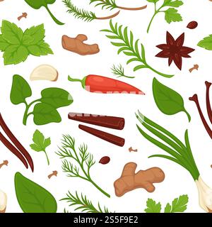 Dill and parsley, greenery and herbs seamless pattern vector. Fresh products and vegetables, plants and leaves of natural organic flora. Onion and cinnamon. ginger and carrots, cooking veggies. Dill and parsley, greenery and herbs seamless pattern vector. Stock Vector