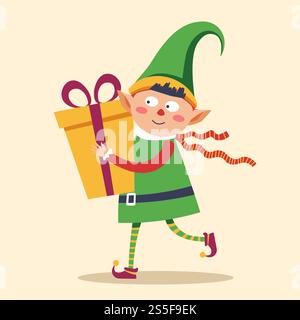 Elf in rush to deliver gift box to child Christmas celebration period vector. Leprechaun wearing suit, hat and fancy boots, kid holding present decorated with bow ribbon, container wrapped with paper. Elf in rush to deliver gift box to child Christmas Stock Vector