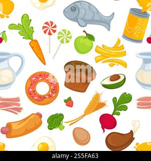 Food and cakes, bun and meat bacon, meal vector. Healthy and unhealthy products and ingredients, carrots and apples, lollipop on stick, fish and avocado, beetroot and raw egg, hot dog and chicken. Food and cakes, bun and meat bacon, meal Stock Vector