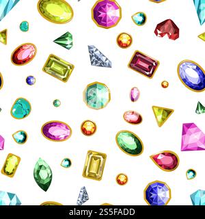 Gems and diamonds, precious stones seamless pattern vector. Crystal wealthy products in gold frames, jewellery items, fashionable and expensive objects. Sparkling karats and facets of gemstones. Gems and diamonds, precious stones seamless pattern vector. Stock Vector