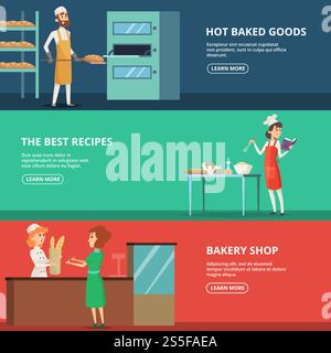 Horizontal banners of various characters bakers at work. Baker job character, cook bakery, vector illustration. Horizontal banners of various characters bakers at work Stock Vector