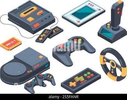 Video game console and different technical gadgets. Game console and play electronic arcade illustration vector. Video game console and different technical gadgets Stock Vector