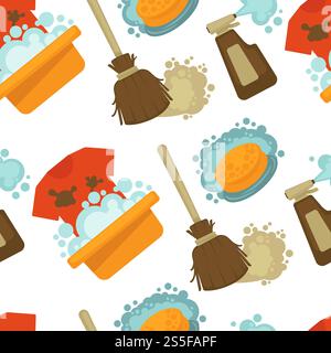 Cleaning service, tools and instruments seamless pattern vector. Chores gloves and liquid to wash plates poured in plastic bottle. Vacuuming and hoovering, mopping floor with duster and mop.. Cleaning service, tools and instruments seamless pattern vector Stock Vector