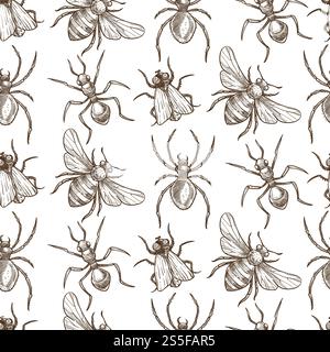 Insects that fly and creep monochrome sepia sketches seamless pattern. Big dragonfly, beautiful butterfly, tiny ant, scary spider, short worm, cute bee and round ladybug isolated cartoon flat vector illustrations set.. Insects that fly and creep monochrome sepia sketches seamless pattern. Stock Vector