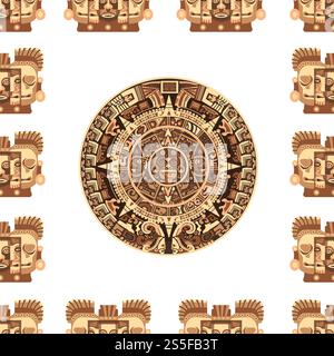 Maya traditional attributes and ancient priceless relics seamless pattern. Old pyramids, sharp spear, solid shield, authentic headdress, human skull, wooden totem and archaeological finds vector illustrations.. Maya traditional attributes and ancient priceless relics seamless pattern. Stock Vector