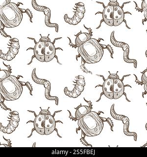 Insects that fly and creep monochrome sepia sketches seamless pattern. Big dragonfly, beautiful butterfly, tiny ant, scary spider, short worm, cute bee and round ladybug isolated cartoon flat vector illustrations set.. Insects that fly and creep monochrome sepia sketches seamless pattern. Stock Vector