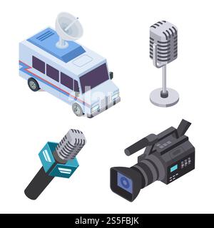 Broadcasting equipment. Television stream electronics, telecommunications 3d isometric vector elements isolated on white illustration. Broadcasting equipment. Television stream electronics, telecommunications 3d isometric vector elements Stock Vector