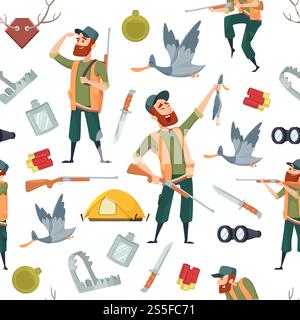 Duck hunters pattern. Seamless background with cartoon pictures and symbols of hunting. Pattern hunter and duck, illustration of hunt animal. Duck hunters pattern. Seamless background with cartoon pictures and symbols of hunting Stock Vector