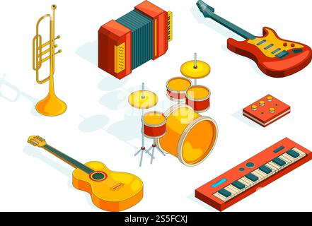 Musical instruments. Isometric pictures set of various colored musician tools. Instrument musical, guitar and piano, classical accordion. Vector illustration. Musical instruments. Isometric pictures set of various colored musician tools Stock Vector