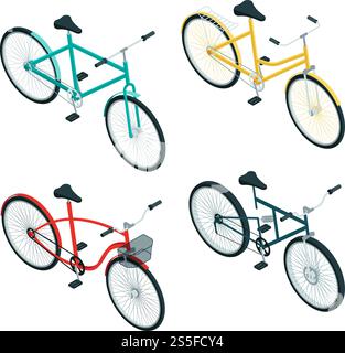 Bicycles isometric. Various types of bikes. Bicycle 3d collection illustration. Bicycles isometric. Various types of bikes on white Stock Vector